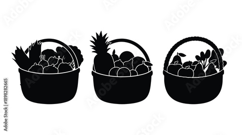 Black silhouette collection of wicker baskets filled with fresh harvest fruits and veggies