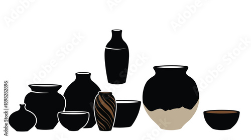 Set of black vases vector illustration, black simple pottery image, decorative ceramic bowls
