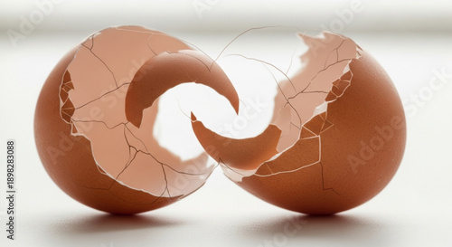 Cracked brown eggshells twisted apart on white background symbolizing breakage and transformation
