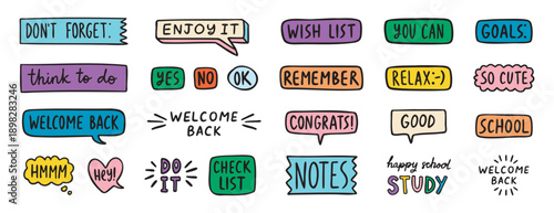 Welcome back to school planner words, motivational doodle stickers set, study and checklist labels, hand drawn