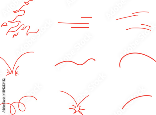  set of hand-drawn red marker or pen design elements, useful for highlighting, underlining, and emphasizing text or sections in documents or digital designs. 