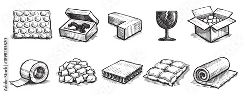 A set of hand-drawn icons of various moving and shipping supplies, ideal for illustrating packing, protection and fragile items. Perfect for logistics or delivery.