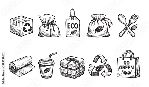 Hand-drawn illustration featuring eco-friendly items like a recycle symbol, reusable bag, utensils, and packaging. Represents sustainable living and reducing waste.