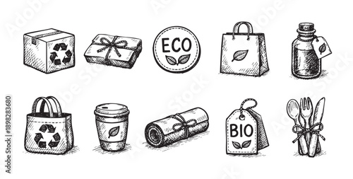 Hand-drawn sketch of eco-friendly symbols: recycle box, gift, eco label, shopping bag, oil bottle, cup, towel, bio label, cutlery. Good for illustrating zero waste living.