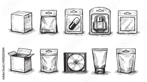 Hand-drawn sketch illustration of product packaging including cardboard box, blister packs, stand-up pouch and medicine bottle. Ideal for mockups, design concepts, and branding materials.
