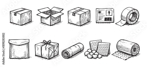 A set of hand-drawn style packaging illustrations including boxes, tape, shipping labels, and protective cushioning. Great for delivery, e-commerce, or moving related designs.