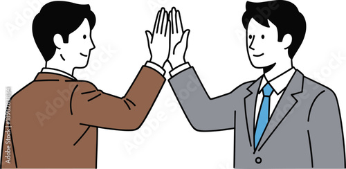 Business teamwork success concept, two professional men giving high five in flat vector illustration