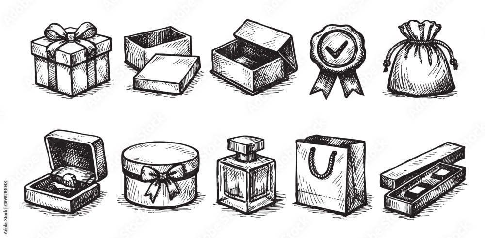 Naklejka premium Hand-drawn sketch of various gift boxes, jewelry packaging, perfume bottle, and shopping bag. Ideal for festive seasons, packaging design, and retail concepts.