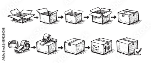 A hand-drawn illustration shows the steps of assembling and packing a cardboard box for shipping, from flat to ready. For e-commerce, moving, and business concepts.