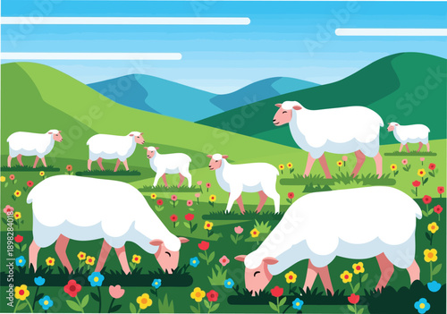 Flock of white sheep grazing on green pasture with mountains vector