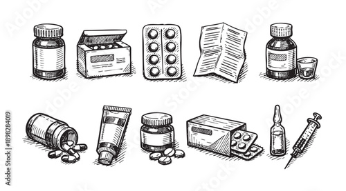Black and white sketch of medicine bottles, pills, syringe, and containers. Perfect for illustrating health, pharmacy, medical themes, or healthcare products in vintage style.
