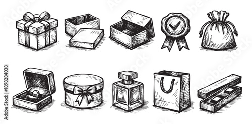 Hand-drawn sketch of various gift boxes, jewelry packaging, perfume bottle, and shopping bag. Ideal for festive seasons, packaging design, and retail concepts.