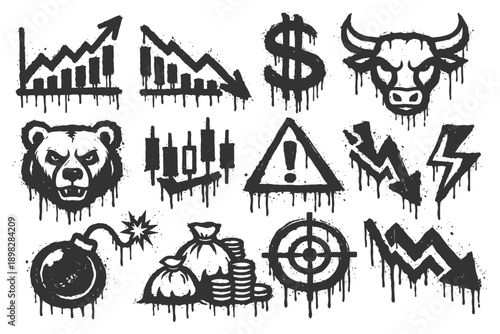 Grunge stock market symbols: bull, bear, dollar, trends, warning signs.