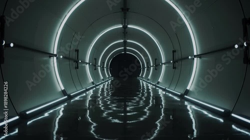 Futuristic tunnel with glowing white lights and reflective floor leading to darkness