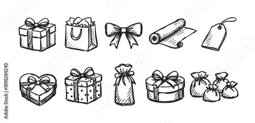 A sketched style illustration of gift boxes, bows, a shopping bag and gift wrapping. Great for holiday promotions, sales announcements, or design elements.