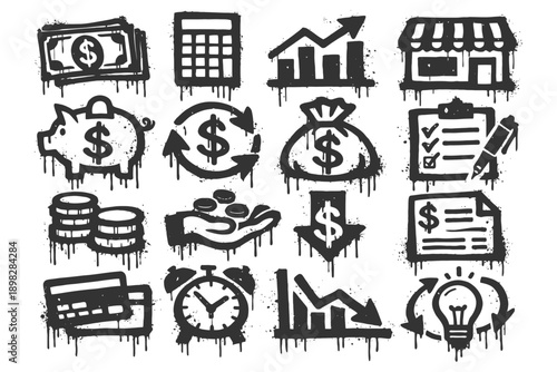 Grunge financial icons: money, growth, banking, and investment symbols.