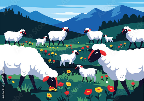 White sheep grazing on green grass with flowers vector illustration
