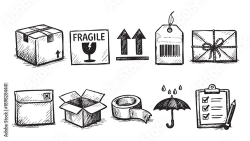 Hand-drawn style illustration of delivery and shipping icons including boxes, fragile symbol, arrows, barcode tag, tape, and more. Great for e-commerce, logistics, and online retail.