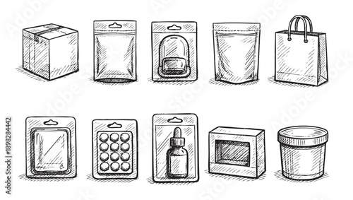 Collection of hand-drawn packaging illustrations. Includes box, stand-up pouch, blister pack, jar, and bag icons. For product design, branding, or creative presentations.