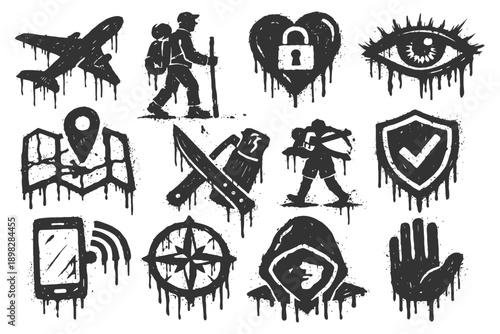 Grunge travel icons: adventure, hiking, and security symbols.