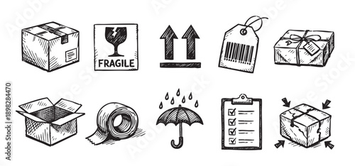 Hand drawn illustration of common shipping and packaging symbols. Includes fragile, keep dry, box, arrows, barcode, and checklist. Ideal for logistics, business, or design projects.