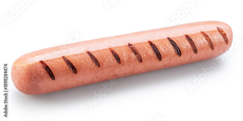 Single grilled sausage with distinct char marks is isolated on a white background. Clipping path.