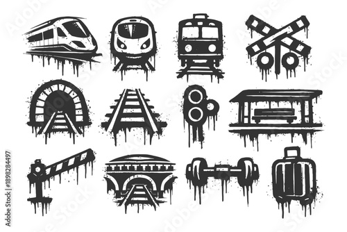 Grunge-style transportation icons featuring trains, tracks, and railway elements.