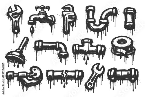Grunge plumbing tools and pipes: wrench, faucet, plunger, pipe fittings, leak.