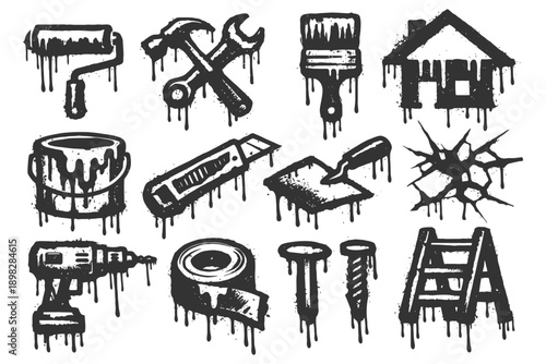 Dripping grunge tools icons: roller, paintbrush, hammer, saw, drill, house.