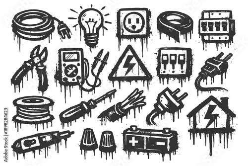 Black and white grunge electrical icons collection.