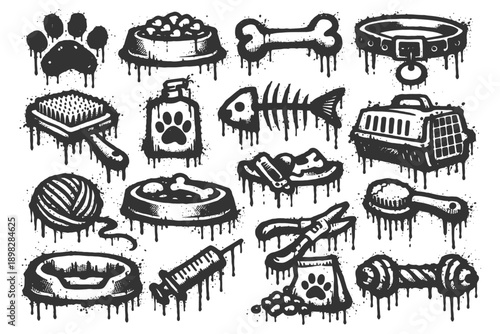 Grunge pet care icons: food, toys, grooming, and health supplies in artistic style.