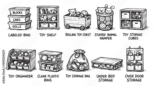 Hand-drawn illustration showcases various toy storage solutions, including bins, shelves, and bags. Perfect for articles on organizing, parenting, and children's spaces.