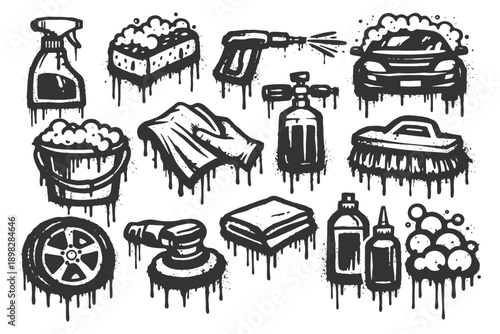 Car wash tools: sponge, spray, soap, bucket, brush, cloth, foam, bubbles.