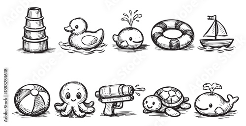 A hand-drawn illustration featuring various beach toys such as a bucket tower, rubber duck, whale, life ring, sailboat, beach ball, octopus, water gun, and turtle. Ideal for summer themes.