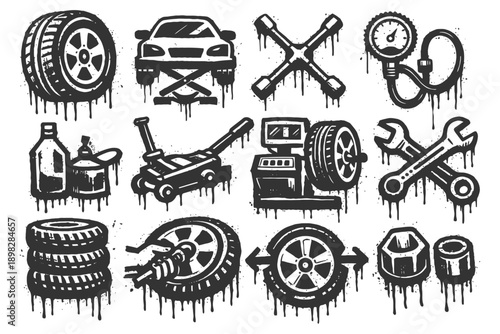 Monochrome car repair icons: tools, equipment, and symbols for vehicle maintenance.