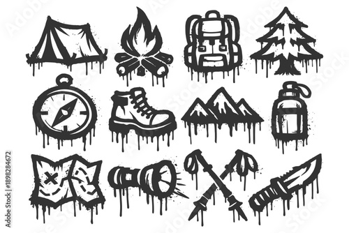 Dripping black paint adventure icons: tent, campfire, backpack, compass, boots, mountains, flashlight, knife.
