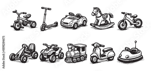 Vector illustration of a set of hand-drawn style children's toys on a white background. Includes various modes of transport. For website graphics or children's book.