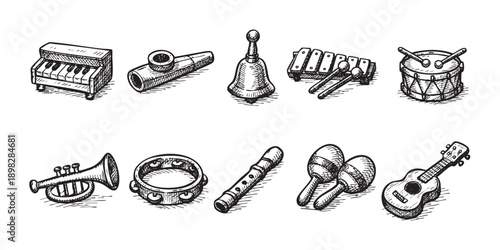 Doodle style illustration of various musical instruments, great for music education or themed designs with a playful and artistic feel. Black and white drawing.