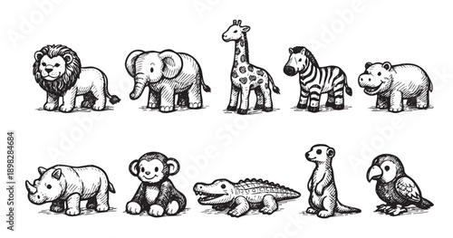 Black and white cartoon sketch illustration of a group of cute safari animals, including a lion, elephant, giraffe, and zebra. Isolated on white. For kids.