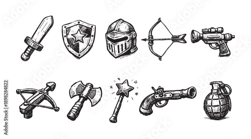 A sketch-style illustration of fantasy and sci-fi weapons like a sword, bow, ray gun, grenade, and magic wand. Use for gaming, design, or illustration needs.