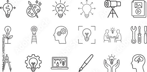 Creativity icons set for ideas, innovation, inspiration, design thinking, art concepts and creative process.