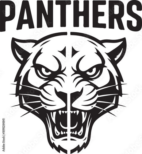 Monochrome panther mascot with word panthers, fierce animal head for sports teams or brand identity