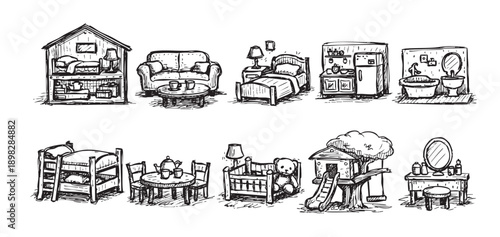 A hand-drawn illustration featuring various furniture and house elements, including a house, sofa, bed, kitchen, bathroom, and tree house. Isolated on white, for children books, education.