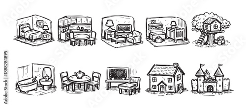 Hand-drawn style illustrations of different rooms and houses. Suitable for interior design concepts, real estate, architecture, children's books, or home decoration themes.