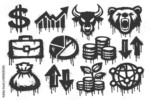 Graffiti style financial icons with bull and bear themes.