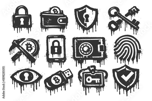Grunge style cybersecurity icons featuring bitcoin locks shields and keys.