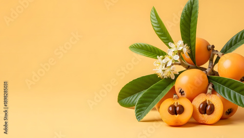 Fresh loquat fruits with green leaves and flowers on orange background