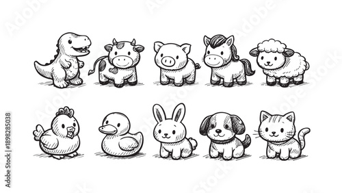 Adorable sketched animals: dinosaur, cow, pig, horse, sheep, chicken, duck, rabbit, dog, cat. Isolated on white. Ideal for children's illustrations, stationery, or educational materials.