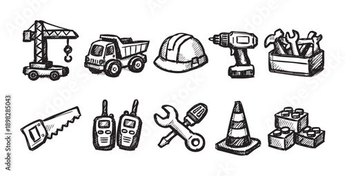 Hand drawn sketch of construction tools. Includes crane, truck, toolbox, helmet, and more. Perfect for infographics, website design, or print materials relating to construction.