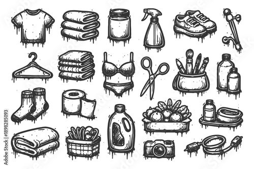 Hand-drawn household objects: clothing, utensils, and personal care items in black and white.